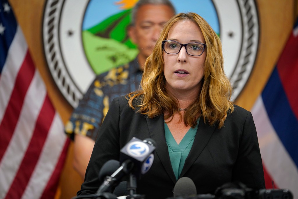 ANDE Rapid DNA senior vice president Julie French answers a question during a press conference Tuesday, Aug. 22, 2023, in Wailuku. The gathering was to share information on those missing and the process to identify remains found in the Aug. 8 Lahaina wildfire. (Kevin Fujii/Civil Beat/2023)