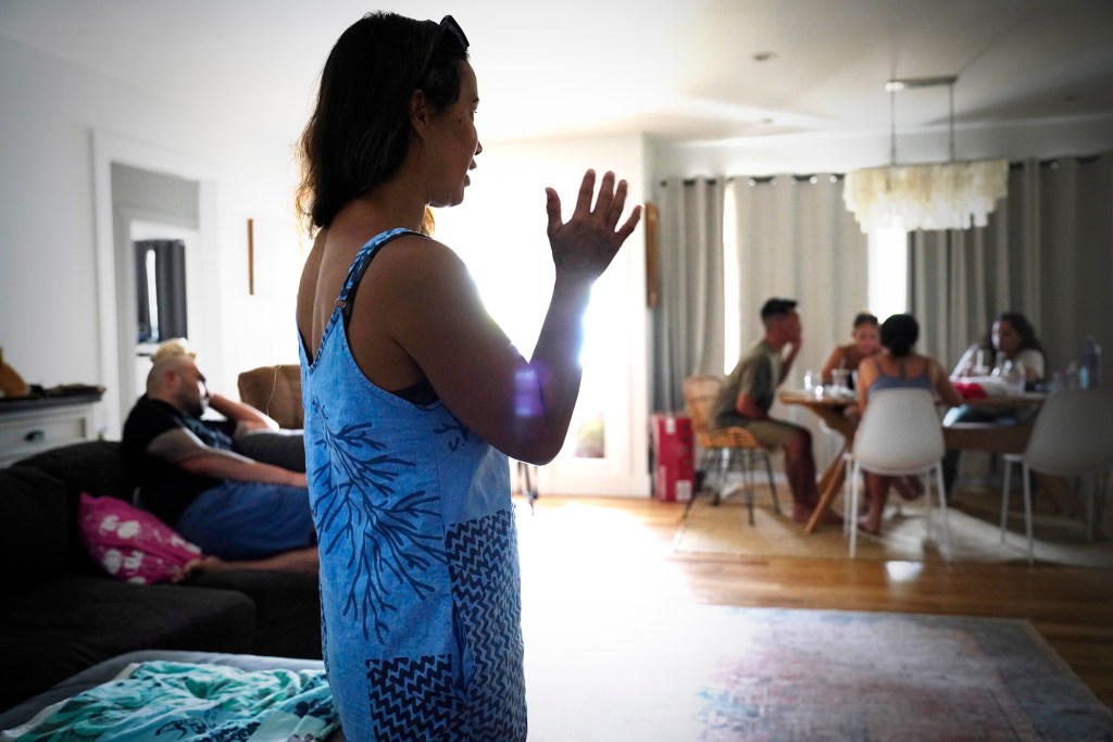 Tiare Lawrence has opened up her Upcountry home to family and friends who wake up Friday, Aug. 25, 2023, in Makawao. Lawrence has been elevated to head up a local, grass-roots effort of financial and community support. (Kevin Fujii/Civil Beat/2023)