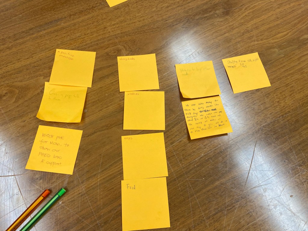 Students used Post-it notes while brainstorming ideas of ways to help those affected by the Maui fires. (Courtesy: Pearl Harbor Elementary School/2023)