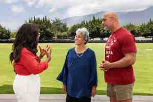 Oprah Winfrey, left, and Dwayne Johnson consulted Maui community leaders including Hokulani Holt-Padilla before announcing Thursday the creation of a new fund to give those displaced by the Aug. 8 wildfires in Lahaina and Upcountry $1,200 per month during the recovery effort. (Courtesy: People's Fund of Maui/2023)