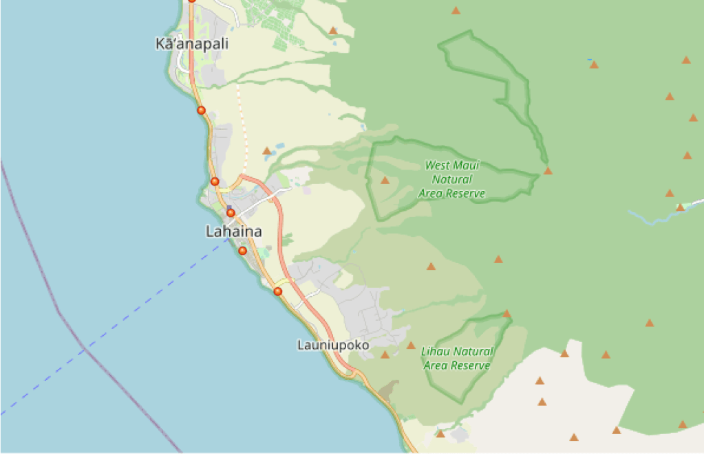 The red dots show the locations of the state's emergency alert sirens in Lahaina. (Mauisirens.com/2023)