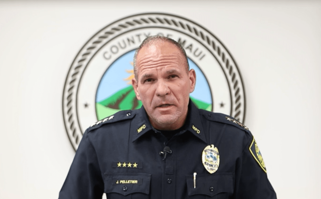 Maui Police Chief John Pelletier delivered a video statement Thursday evening on the release of 388 names of people unaccounted for since the Aug. 8 wildfires on Maui. (Maui County/Screenshot/2023)