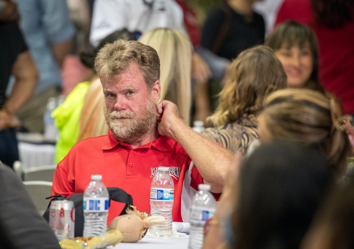 State Sen. Angus McKelvey at the Lahaina Civic Center on the day President Biden visited in the aftermath of the Aug. 8 fire.