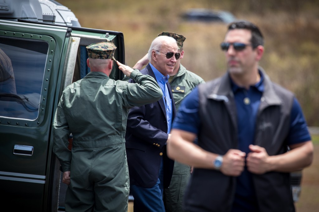 President Biden arrives at Kapalua Airport on Maui, Monday.