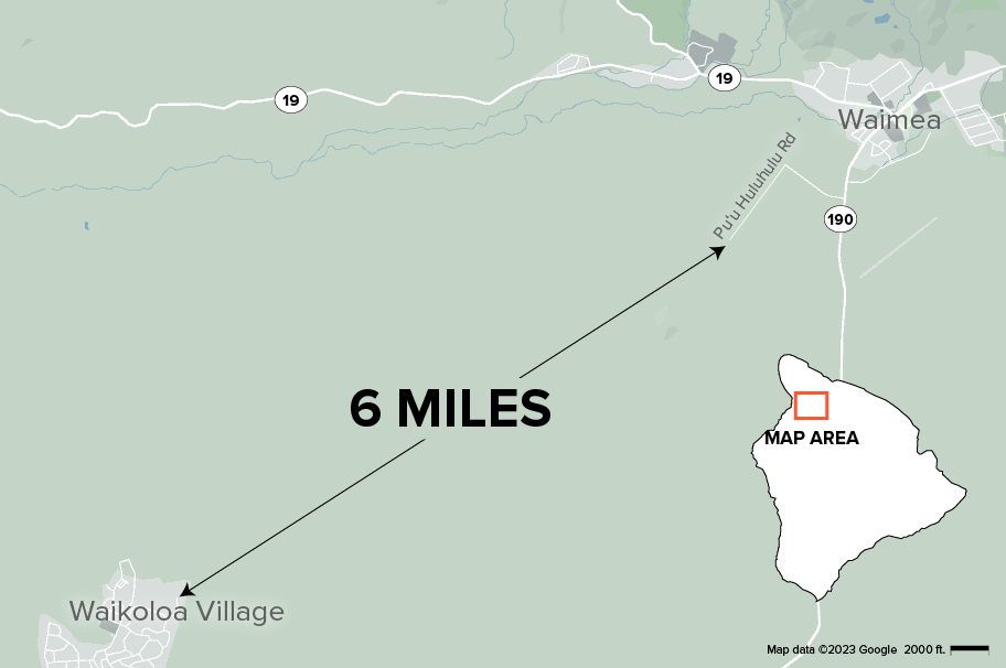 Map showing the approximate distance of 6 miles from Pu‘u Huluhulu Rd to Waikoloa Village on the Big Island