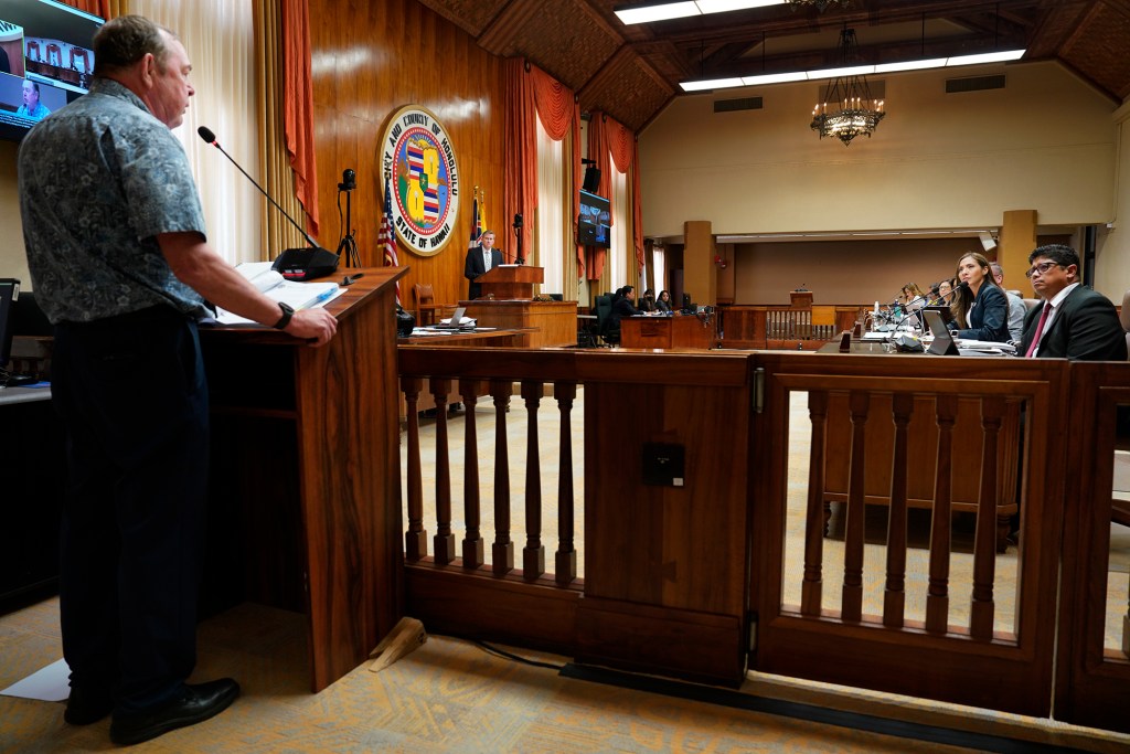 Department of transportation director J. Roger Morton discusses restricted parking zones with the Honolulu City Council Wednesday, Sept. 6, 2023, in Honolulu. (Kevin Fujii/Civil Beat/2023)