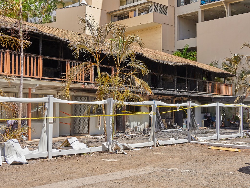 A burned apartment complex in Waikiki