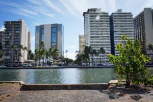The site of a proposed pedestrian bridge over the Ala Wai Canal is photographed Thursday, Sept. 21, 2023, in Honolulu. Moiliili residents are concerned the bridge would allow vagrants and beach goers easier passage into their neighborhood. (Kevin Fujii/Civil Beat/2023)