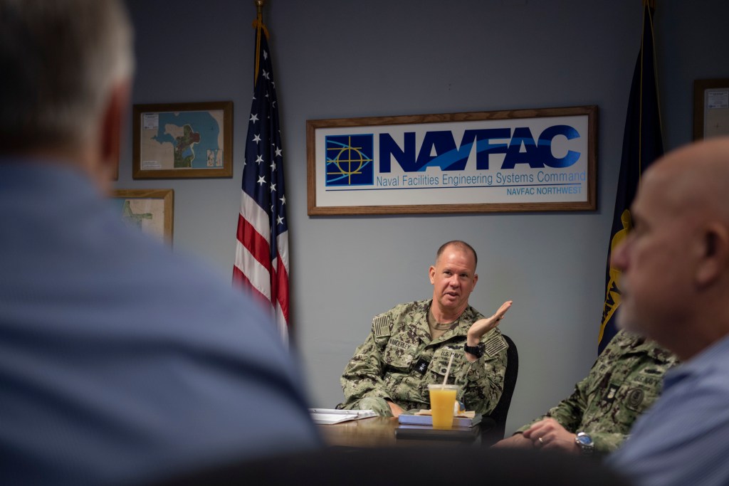 Rear Adm. Dean VanderLey, commander, Naval Facilities Engineering Systems Command meets with leaders of NAVFAC Northwest during a visit to Naval Base Kitsap-Bangor in Silverdale, Washington, Jan. 12, 2023. The trip marked VanderLey’s first official visit to the Pacific Northwest area since he became NAVFAC commander. (U.S. Navy photo by Mass Communication Specialist Seaman Sophia H. Brooks)
