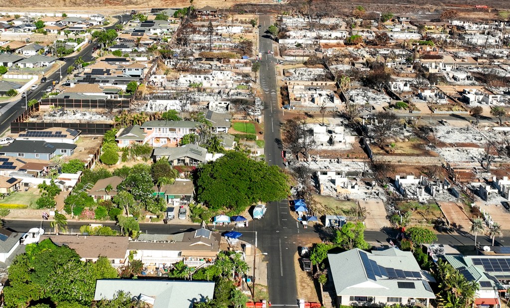 Under a phased reentry plan, residents along Kaniau Road, straight street running perpendicular to Honoapiilani Highway, were allowed to return starting Sept. 25, 2023. (Nathan Eagle/Civil Beat/2023)