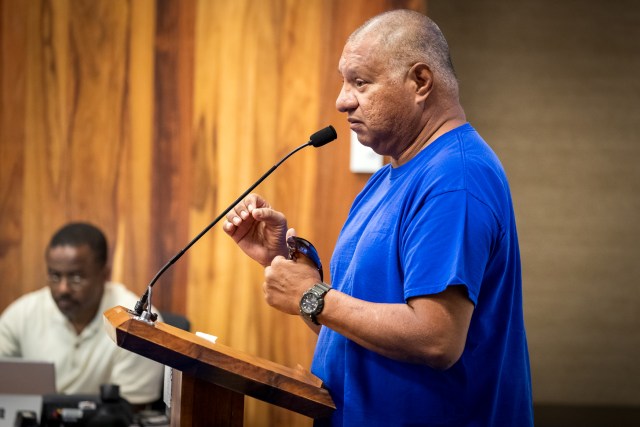 Foster Ampong shared his thoughts with Maui County Council members on the resiliency plan. (Nathan Eagle/Civil Beat/2023)