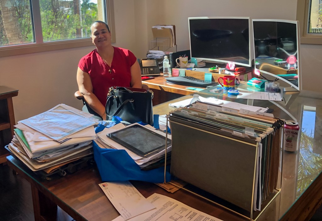 Lahaina Insurance executive Mahealani K. K. strong is pushing hard for 1,000 clients whose homes and business were destroyed or damaged by the fire. (Kirstin Downey/Civil Beat/2023)