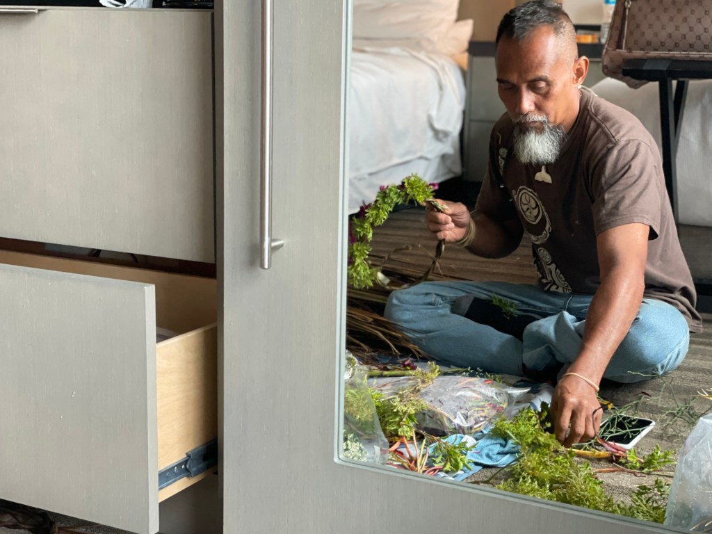 Without the ability to start rebuilding in Lahaina yet, many residents began to pick up the pieces of their lives in other places. Mario Siatris, who lost his home in the fire, flew to Oregon to teach Hawaiian cultural workshops with his partner while they figured out the next steps for getting home. (Brittany Lyte/Civil Beat/2023)