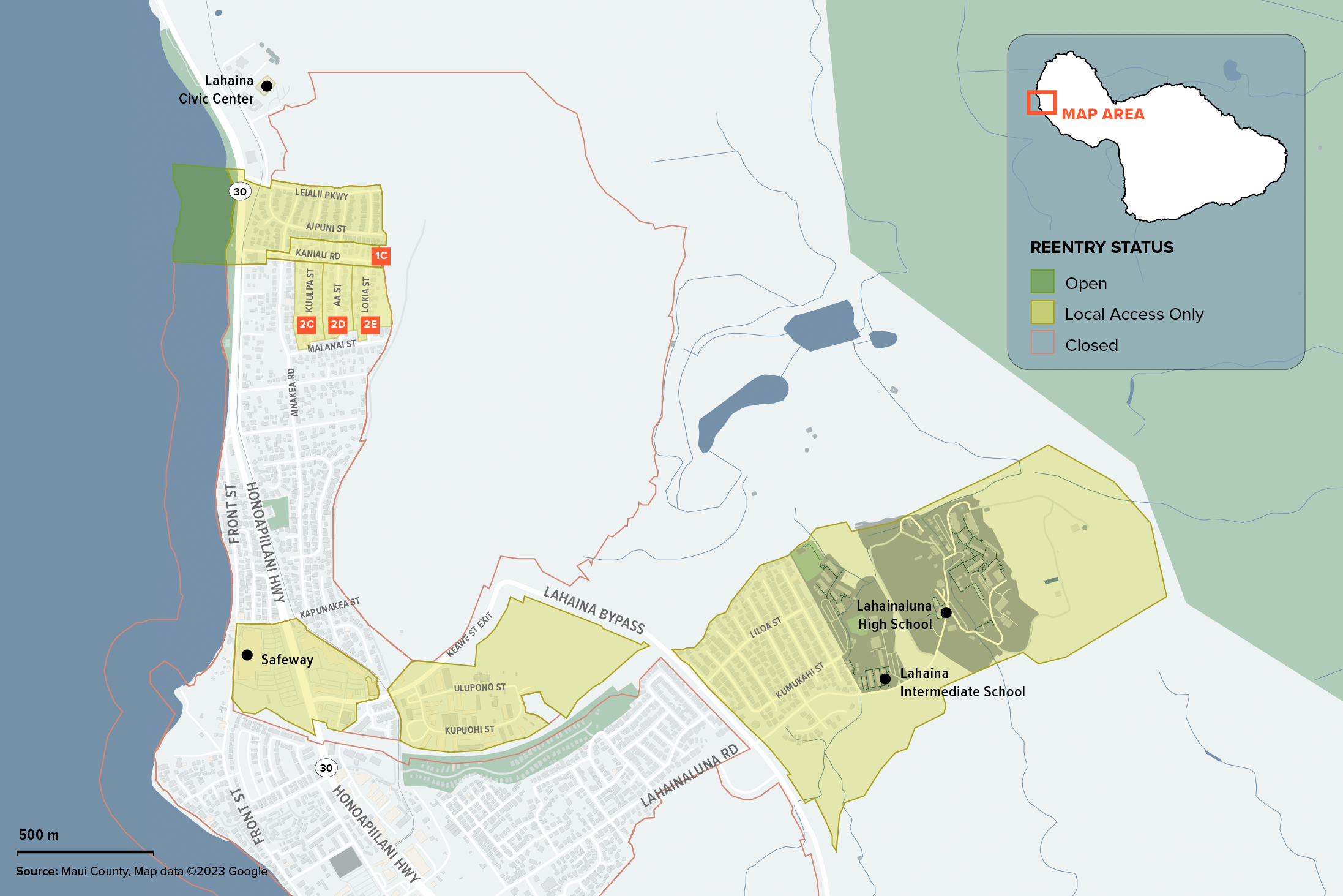 Map of Maui County disaster area reentry status
