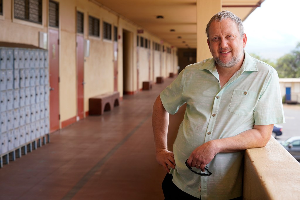 Justin Hughey left his teaching job in Lahaina and is photographed Tuesday, Oct. 10, 2023, in Wailuku. (Kevin Fujii/Civil Beat/2023)