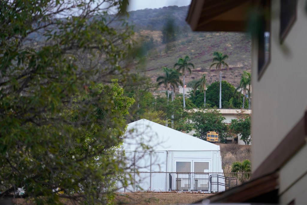 Temporary buildings are set up outside of Princess Nahienaena Elementary School Tuesday, Oct. 10, 2023, in Lahaina. Students will begin returning to classes in Lahaina next week after fall break. (Kevin Fujii/Civil Beat/2023)
