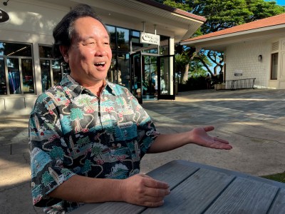 Lahainaluna High School digital media morning broadcast teacher Jon Shigaki talks with Honolulu Civil Beat after the first day of school on their Lahaina campus Monday, Oct. 16, 2023. Students studied at another Maui high school after the Aug. 8 fire. (Kevin Fujii/Civil Beat/2023)