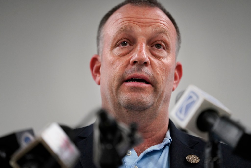 Gov. Josh Green gives a press conference Wednesday, Oct. 18, 2023, in Wailuku. Federal, state and county governments gave updates on progress after the Aug. 8 fire which destroyed Lahaina town and Kula area. (Kevin Fujii/Civil Beat/2023)