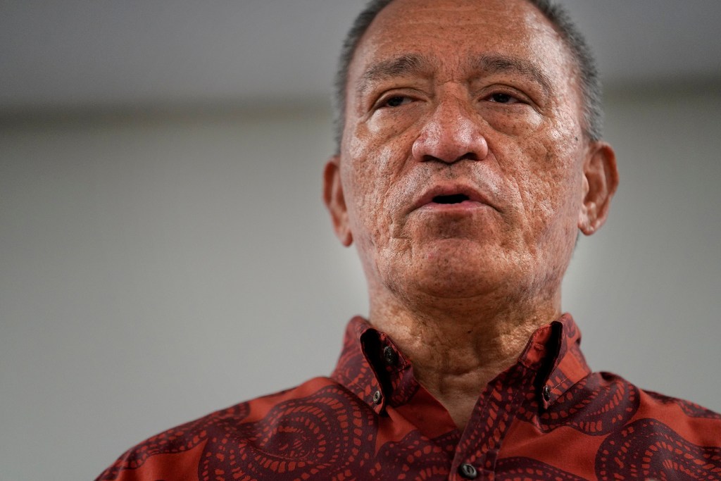 Maui County Mayor Richard Bissen gives a press conference Wednesday, Oct. 18, 2023, in Wailuku. Federal, state and county governments gave updates on progress after the Aug. 8 fire which destroyed Lahaina town and Kula area. (Kevin Fujii/Civil Beat/2023)