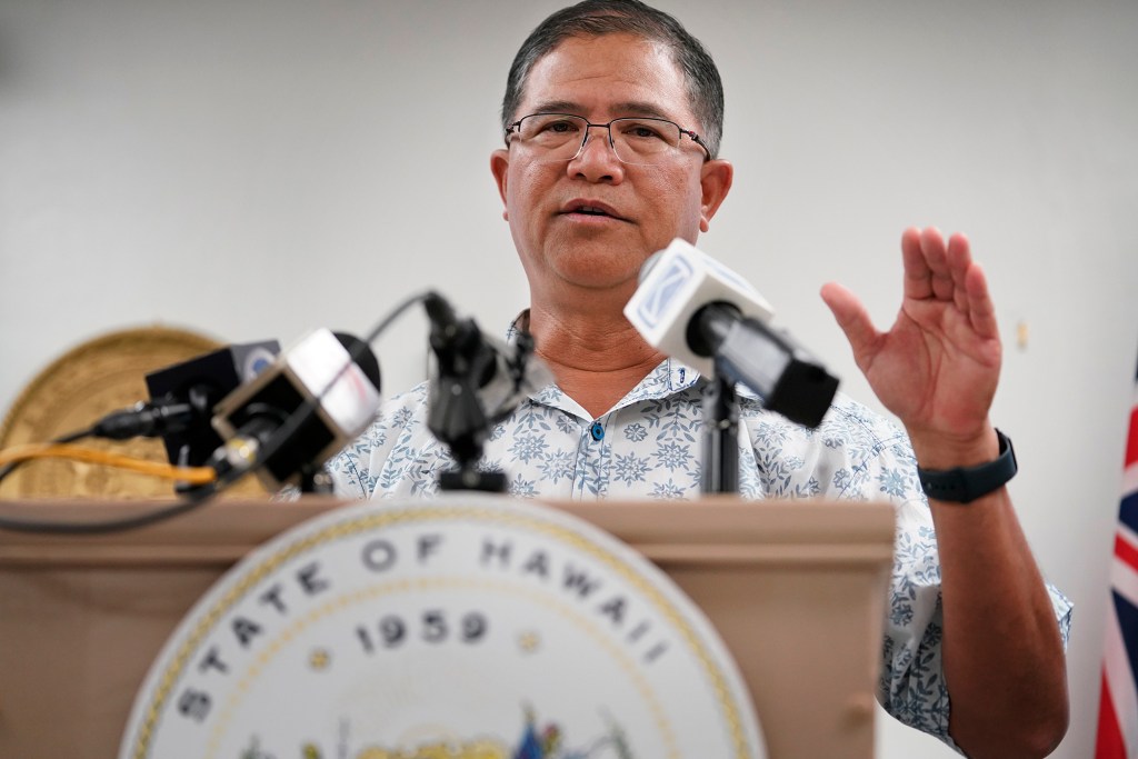 Director of the Department of Business, Economic Development and Tourism Jimmy Tokioka addresses the media during a press conference Wednesday, Oct. 18, 2023, in Wailuku. Federal, state and county governments gave updates on progress after the Aug. 8 fire which destroyed Lahaina town and Kula area. (Kevin Fujii/Civil Beat/2023)