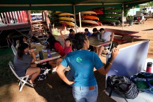 Hawaiian immersion school class for middle-school age children takes place at Hanakao’o Park Wednesday, Oct. 18, 2023, in Lahaina. (Kevin Fujii/Civil Beat/2023)