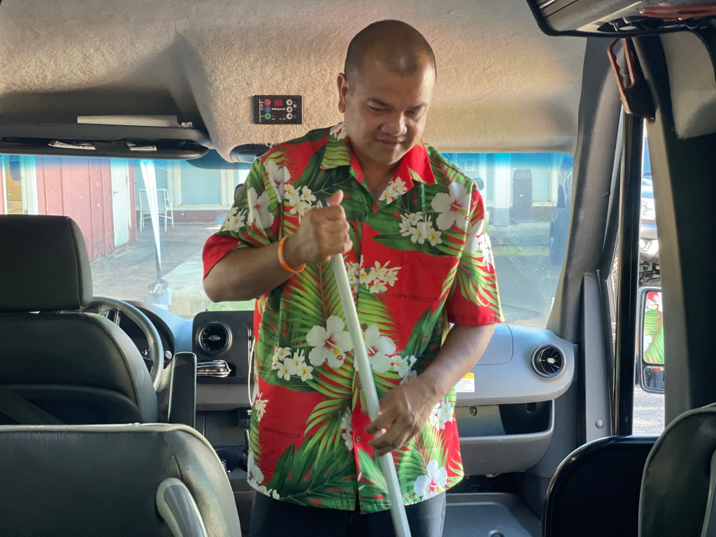 Lahaina residents who worked in the tourism industry were facing hard decisions in October. Randy Dadez, who drives a shuttle bus, was considering moving to the Philippines with his family. (Brittany Lyte/Civil Beat/2023_