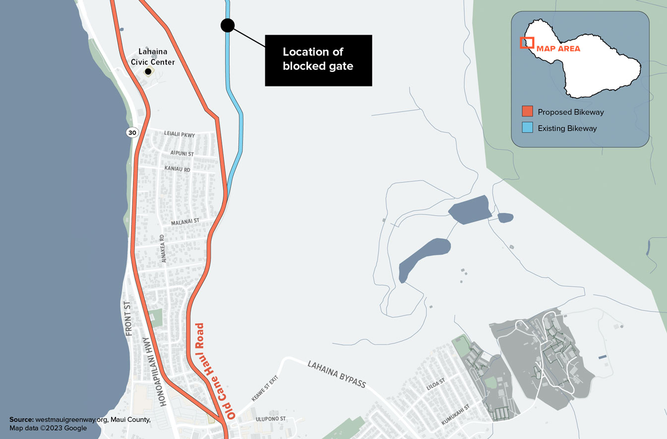 Map of the Old Cane Haul Road on Maui and blocked gate along existing bikeway.