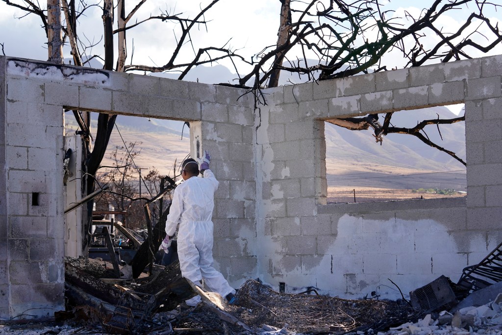 Mario Siatris looks outside of the walls of his destroyed home Monday, Nov. 13, 2023, in Lahaina. Their homes and neighborhood were destroyed in the Aug. 8 fire. (Kevin Fujii/Civil Beat/2023)