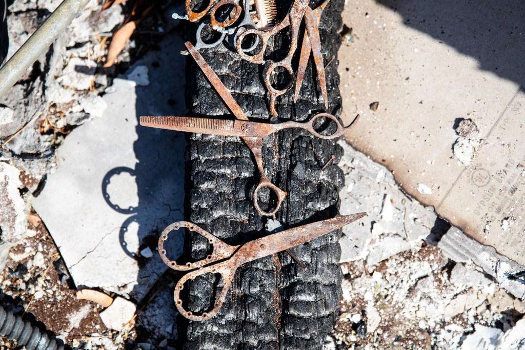 Scissors used in the Cicchino's home pet-grooming business were found in the ashes of their property on Pupu Place in Lahaina when the family returned in November. (Nathan Eagle/Civil Beat/2023)