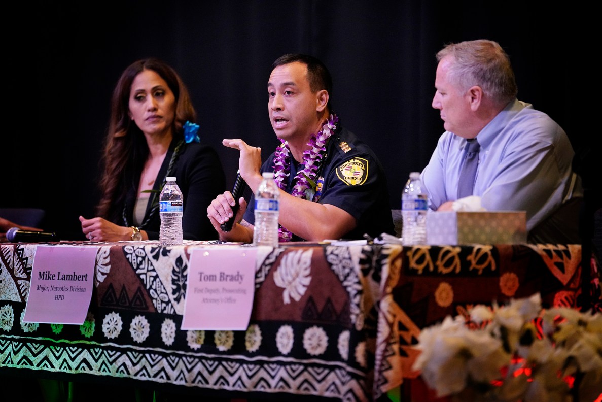 Council member Andria Tupola, from left, Honolulu Police Department Narcotics Division Major Mike Lambert and Tom Brady, First Deputy, Prosecuting Attorney’s Office panel the West Side town hall meeting Tuesday, Dec. 5, 2023, in Waianae. Recent acts of violence, halfway houses and illegal game rooms highlighted concerns of West Oahu citizens. (Kevin Fujii/Civil Beat/2023)