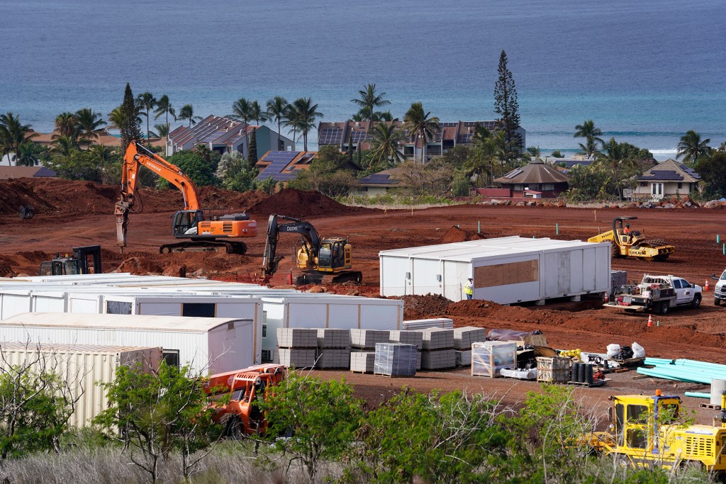 A new temporary King Kamehameha III Elementary School was going up in West Maui on property owned by controversial developer Paul Cheng, who is hoping to put in a housing project near by. The school was destroyed in the Aug. 8 fire. (Kevin Fujii/Civil Beat/2023)