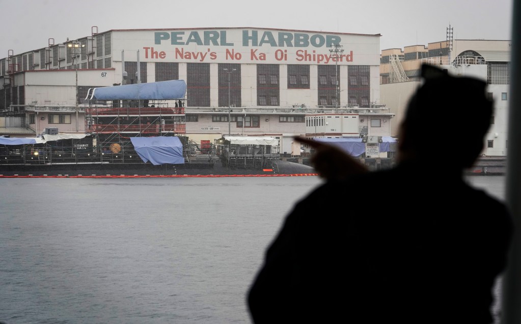 Pearl Harbor’s shipyard is photographed while waiting for the tanker Yosemite Trader to pass Wednesday, Dec. 20, 2023, at Joint Base Pearl Harbor-Hickam in Honolulu. (Kevin Fujii/Civil Beat/2023)