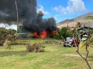 A fire Tuesday afternoon 12/19/2023 destroyed a home in Olowalu just south of Lahaina town. (Christie Wilson/Civil Beat/2023)