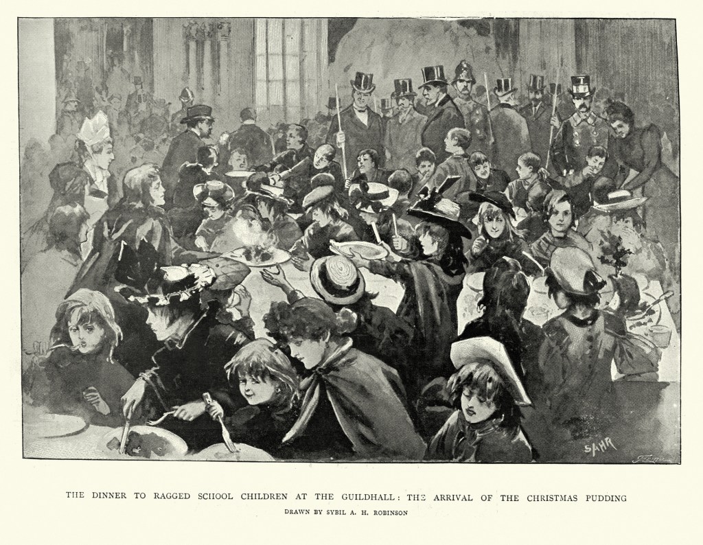 Vintage illustration Free Christmas dinner for poor children at the Guildhall, London, arrival of the pudding, Victorian social history, 1898