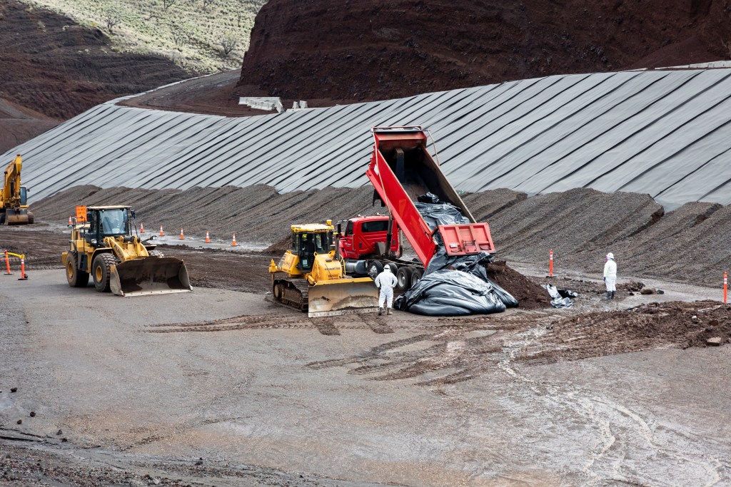 The wildfire debris being dumped in the temporary landfill is to be double-lined with an impermeable material and engineered to prevent leakage into the groundwater but some community members remain concerned. (Courtesy: Maui County/2024)