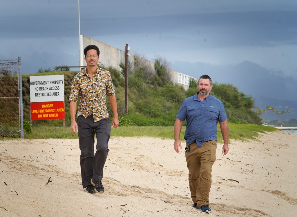 Ewa Beach neighborhood board members Liam Chinn, from left, and Alex Gaos are photographed at Puuloa Beach Park Monday, Jan. 8, 2024, in Ewa Beach. The public beach park and civilian homes border the military’s Puuloa Range Training Facility. (Kevin Fujii/Civil Beat/2024)