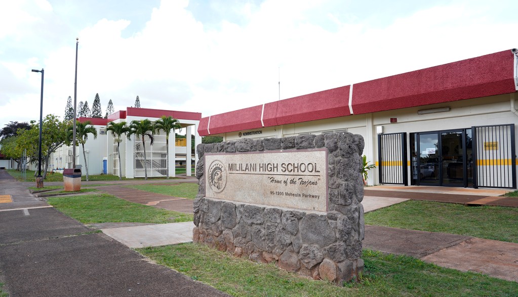 Mililani High School earned the inaugural Hawaiʻi Schools of Democracy award Friday, Jan. 5, 2024, in Mililani. Along with Mililani, Maui High School was also recognized. It honors schools which teach students to be informed on current events, history and engage in the civic and democratic process. (Kevin Fujii/Civil Beat/2024)
