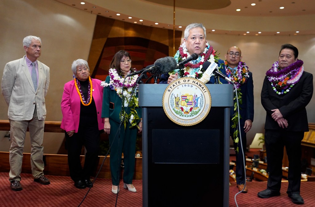 House of Representatives speaker Scott Sakai follows up with a press briefing after the opening of the legislative session Wednesday, Jan. 17, 2024, in Honolulu. (Kevin Fujii/Civil Beat/2024)
