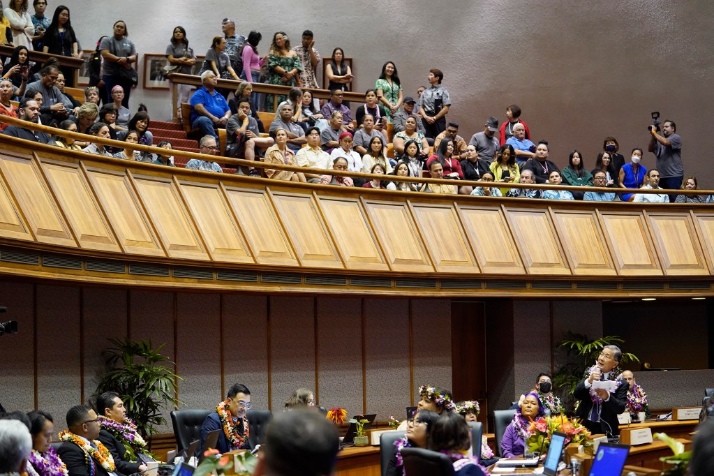 The House of Representatives Bertrand Kobayashi opens the legislative session recognizing members of a Japanese delegation from one of the many Honolulu sister cities Wednesday, Jan. 17, 2024, in Honolulu. (Kevin Fujii/Civil Beat/2024)