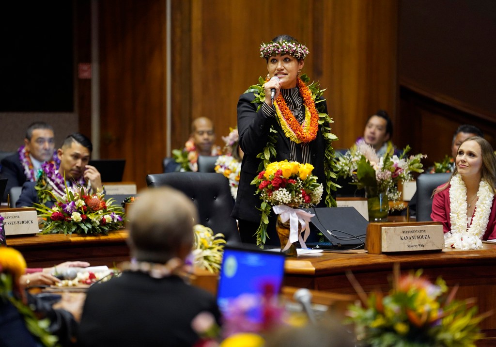 The House of Representatives minority whip Kanani Souza recognizes people in the gallery during the opening of the legislative session Wednesday, Jan. 17, 2024, in Honolulu. (Kevin Fujii/Civil Beat/2024)