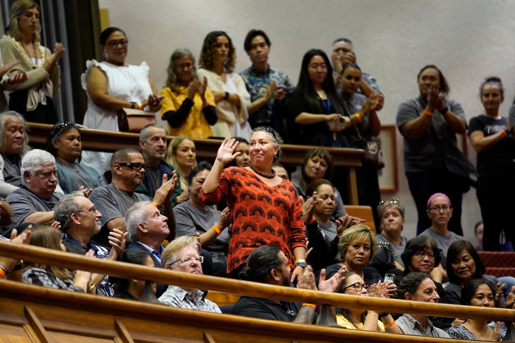 Maui council member Tamara Paltin is recognized during opening day of The House of Representatives legislative session Wednesday, Jan. 17, 2024, in Honolulu. (Kevin Fujii/Civil Beat/2024)