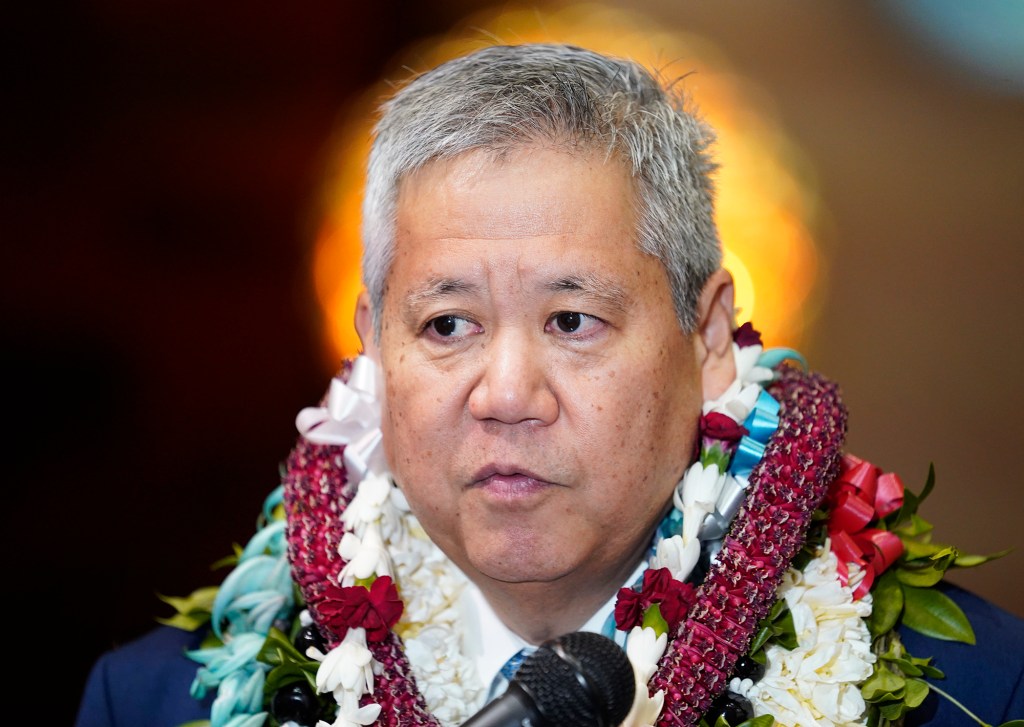 The House of Representatives speaker Scott Saiki meets with the media after opening day the legislative session Wednesday, Jan. 17, 2024, in Honolulu. (Kevin Fujii/Civil Beat/2024)
