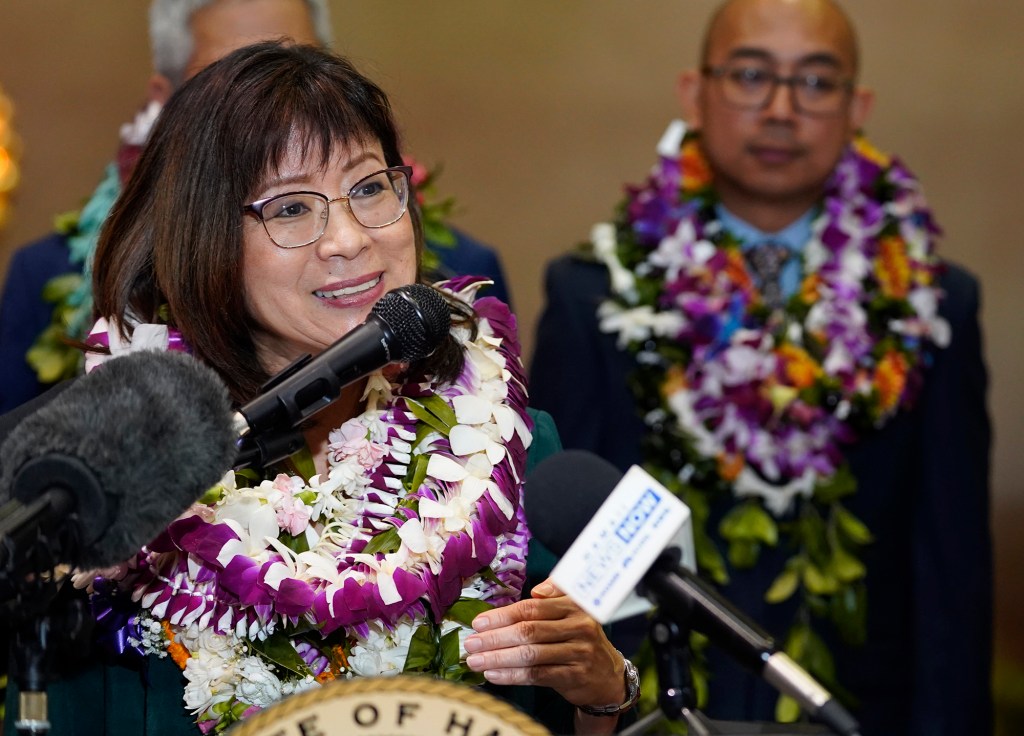 The House of Representatives majority leader Nadine Nakamura meets with the media after the opening day of the legislative session Wednesday, Jan. 17, 2024, in Honolulu. (Kevin Fujii/Civil Beat/2024)