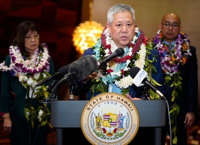The House of Representatives speaker Scott Saiki meets with the media after opening day the legislative session Wednesday, Jan. 17, 2024, in Honolulu. (Kevin Fujii/Civil Beat/2024)