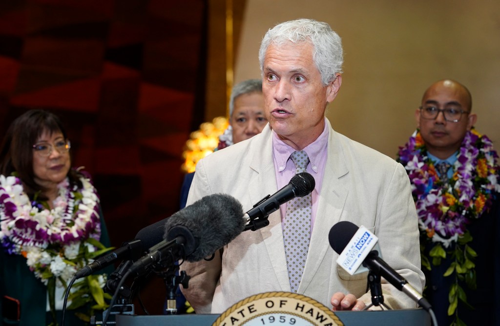The House of Representatives David Tarnas answers a question about legalizing recreational cannabis after opening day the legislative session Wednesday, Jan. 17, 2024, in Honolulu. (Kevin Fujii/Civil Beat/2024)