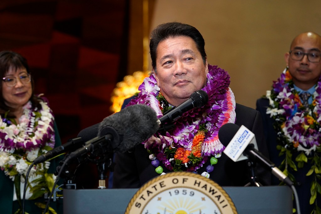 The House of Representatives finance chair Kyle Yamashita meets with the media after opening day the legislative session Wednesday, Jan. 17, 2024, in Honolulu. (Kevin Fujii/Civil Beat/2024)