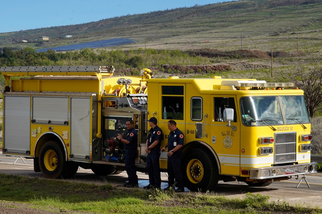 A Maui Fire Department truck is photographed during the Hoʻūlu Lahaina Unity Walk Saturday, Jan. 20, 2024, in Lahaina. (Kevin Fujii/Civil Beat/2024)