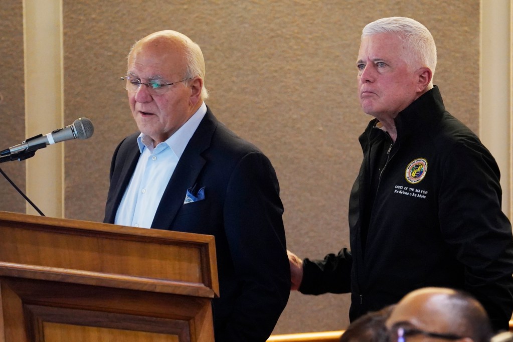 Honolulu Mayor Rick Blangiardi, from left, and Managing Director Michael Formby address the Senate Ways and Means Committee and the House of Representatives Committee on Finance meet with the four county mayors Monday, Jan. 22, 2024, in Honolulu. (Kevin Fujii/Civil Beat/2024)