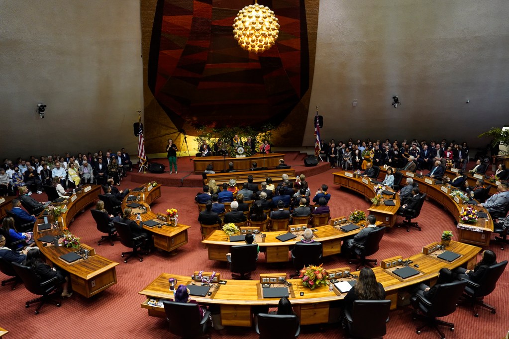 Gov. Josh Green delivers the state of the state Monday, Jan. 22, 2024, to a joint session of Congress in the House of Representatives chambers in Honolulu. Gov. Green highlighted affordable housing, Maui recovery, homelessness, health care, education among other items he’ll present to the legislature this session. (Kevin Fujii/Civil Beat/2024)