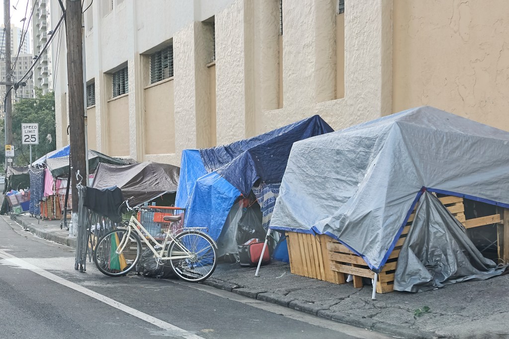 An example of a homeless tent/shelter predominates the image